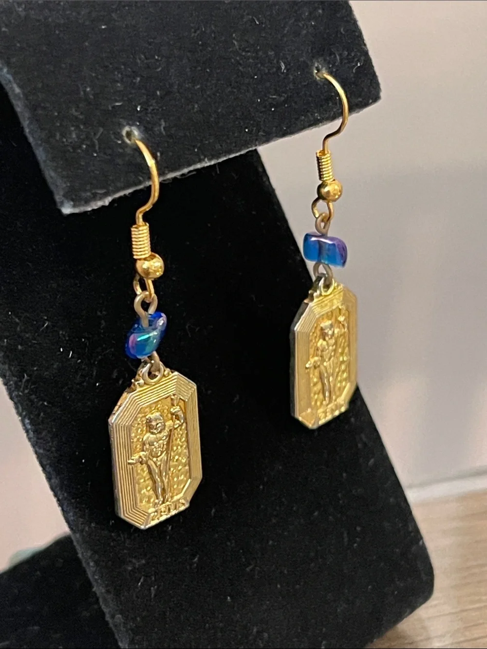 Vintage Gold-tone Rectangular Zeus Medallion Dangle Earrings